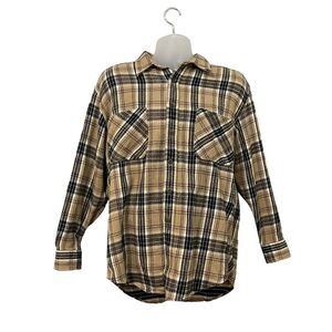 St‎ John's Bay Tan Black White Plaid Button Up Fishing Cotton Shirt Jacket Large